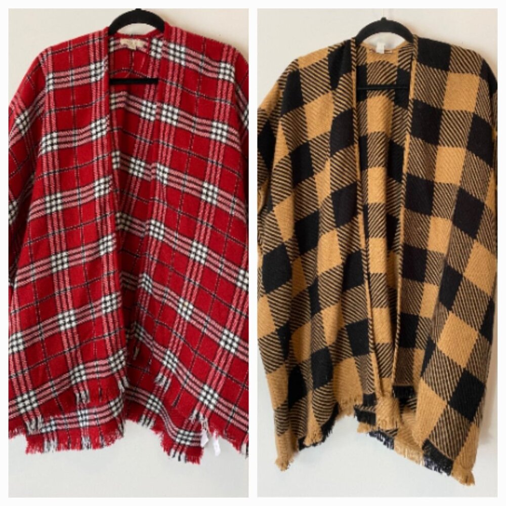 Loft Plaid Poncho Set Of 2 Black & Tan Red & White Fringed Hem Small